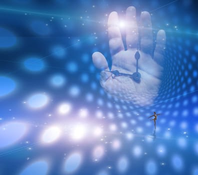 Graceful ballerina in abstract space. Clock hands on human palm