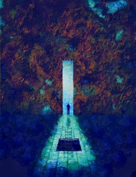 Man before great door. From darkness to light. Oil on canvas