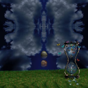 Symbolic composition. Time is running out. Butterflies fly out of the hourglass. Floating stone in calm water