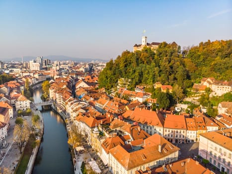 Aerial panoramic view of Ljubljana, capital of Slovenia in warm afternoon sun.
