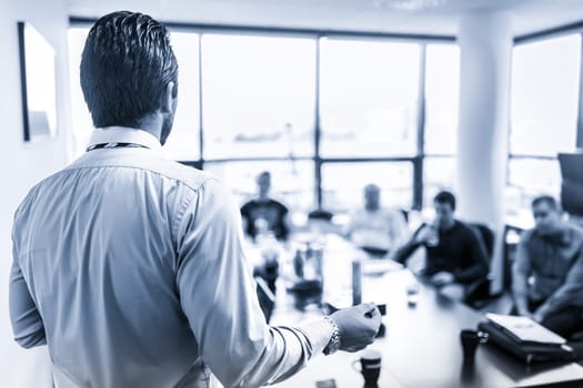 Business man making a presentation at office. Business executive delivering a presentation to his colleagues during meeting or in-house business training. Rear view. Business and entrepreneurship.