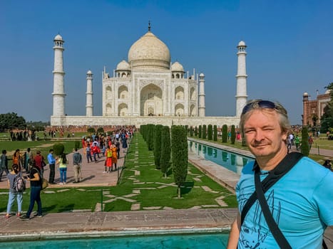 Selfie in front of Crown of the Palaces - Taj Mahal in Agra, Uttar Pradesh, India