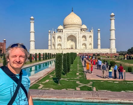 Selfie in front of Crown of the Palaces - Taj Mahal in Agra, Uttar Pradesh, India