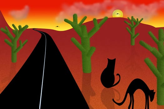 Road in the cartoon desert. Red sunset or sunrise, green cactuses and black cat