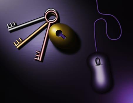 PC mouse and metal keys. Key hole in golden egg