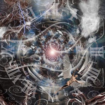 Symbolic composition. Particle of God. Angel and time spirals