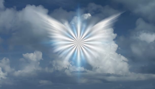 Winged star in cloudy sky. 3D rendering
