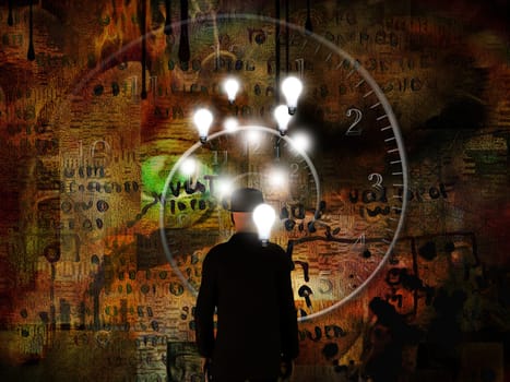 Surreal composition.Time and Ideas. Man in suit with light bulbs above head stands before spiral of time.