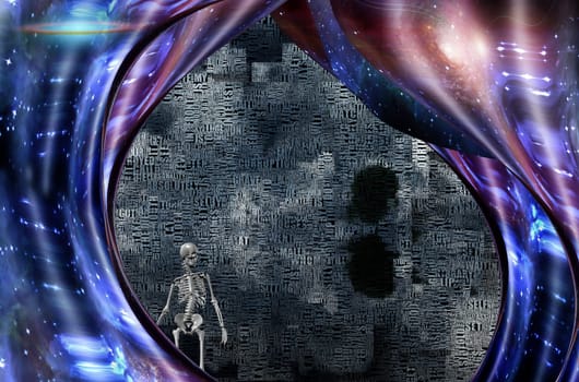 Abstract clouds of words. Skeleton symbolizes death.Warped space