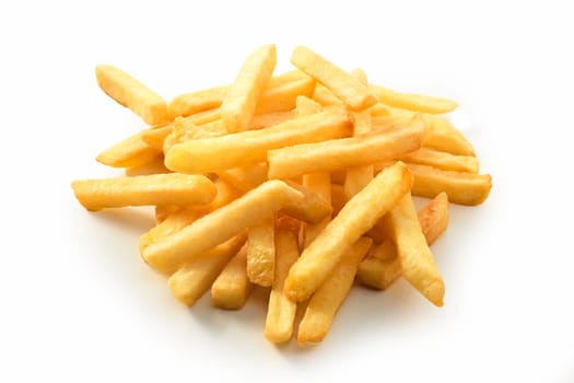 Stack of golden crispy deep fried potato chips, French Fries or Pommes Frites close up on a white background for menu advertising