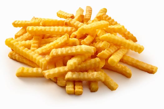 Heap of crispy golden crinkle cut potato chips or Pommes Frites on a white background for a menu