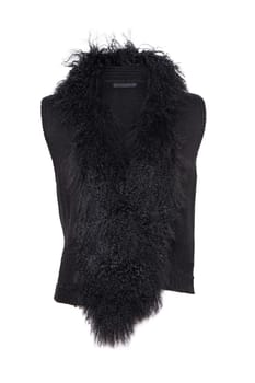 Vest isolated. Black women vest with a large fur collar isolated on a white background. Woman fashion.