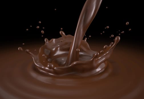 Liquid chocolate pouring with crown splash and ripples. Bird eye view. On black background. Clipping path included.
