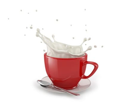 Red cup with milk splash, on white saucer with spoon. On white background. Clipping path included.
