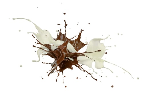 Milk and chocolate streams splashing against each other in white space.