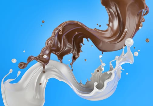 Milk and chocolate , or paint splashing against each other in the air. On blue background.