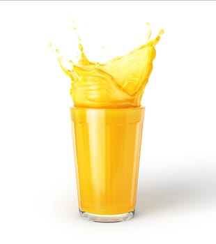 Glass of orange juice with splash, isolated on white background. Side view.