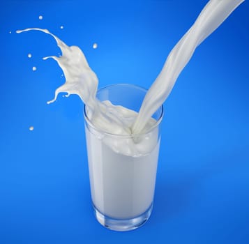 Pouring milk in glass with splash. Viewed from above. Isolated On blue background. Clipping path included.