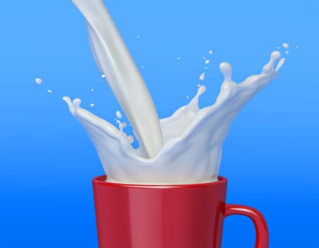 Red mug full of milk with splash. Isolated On blue background. Clipping path included.