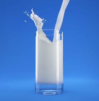Pouring milk in glass with splash. Viewed from above. Isolated On blue background. Clipping path included.