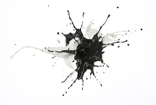 White and black paint splash explosion, splashing against each other. Isolated on white background.