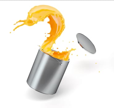 Metallic silver bucket full of paint, jumping with vibrant warm yellow paint splashing out of it with flying lid. Isolated on white background