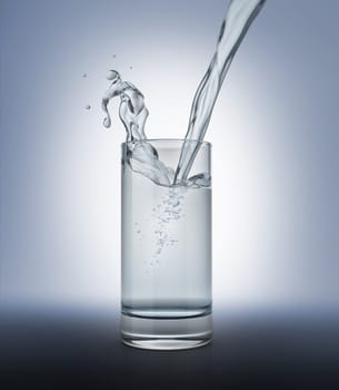 Glass full of clear water with pouring and splash. Isolated on white/grey background. Clipping path included.