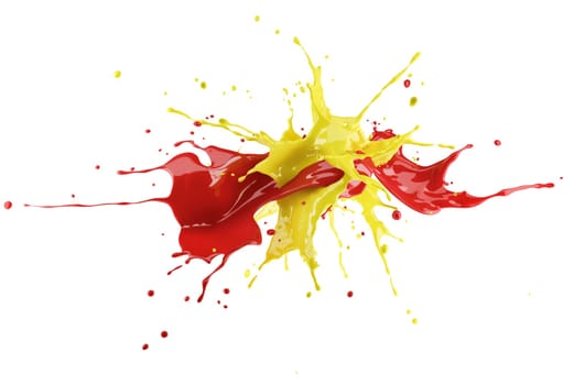 Red and yellow paint splash explosion, splashing against each other. Isolated on white background.