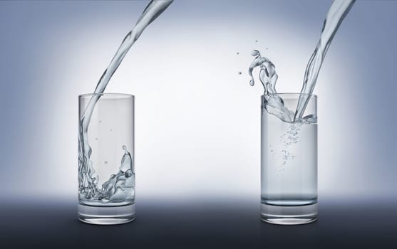 Two glasses with pouring water, one full with splash and one less full. Side view on grey background. Clipping path included.