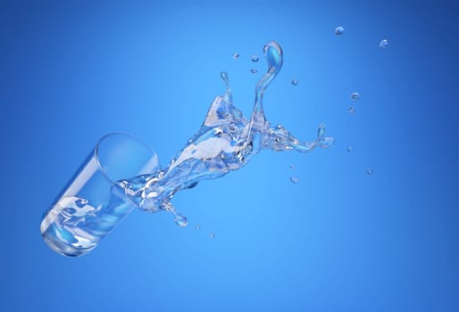Glass with spilling water splash. perspective view. On blue background. Clipping path included.