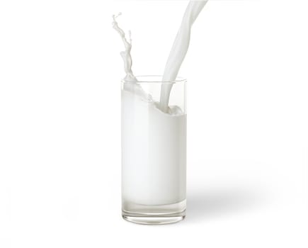 Pouring milk into a glass isolated on white background. With drop shadow. clipping path included.