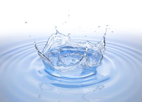 Clear water crown splash in water pool with ripples. Bird eye view. On white background.
