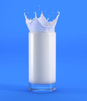 Glass of milk with crown splash. Full view, on blue background. Clipping path included.