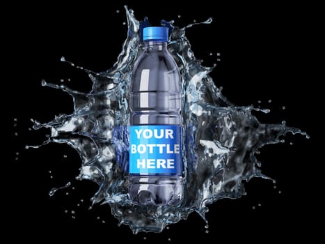 Splash of clear water with pet water bottle in the middle. isolated on black background. The bottle can be clipped and replaced with your bottle. Clipping path included.