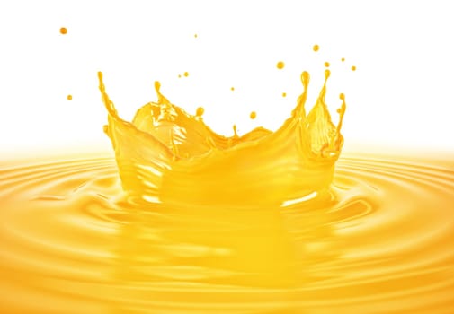 Orange juice crown splash with ripples. Side view. On white background.