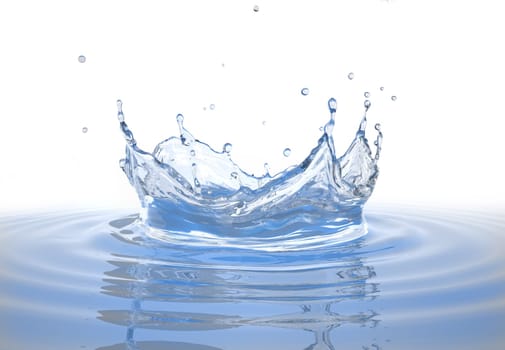 Water crown splash in a water pool, with circular ripples around. Isolated on white background.