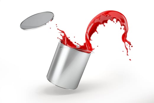 Metallic silver bucket full of vibrant red paint, jumping with vibrant red paint splashing out of it with flying lid. Isolated on white background with drop shadow.