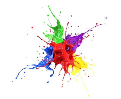 Red, blue, violet, yellow and green paint splash explosion, splashing against one another. isolated on white.