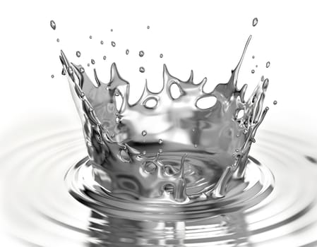 Liquid metal crown splash in liquid metal pool with ripples. Isolated on white background.