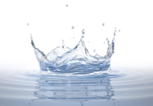 Water crown splash in a water pool, with circular ripples around. Isolated on white background.