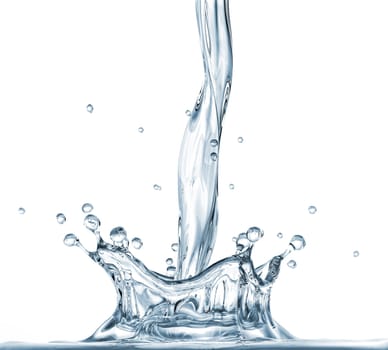 Pouring water with crown splash. Close up. Side view on white