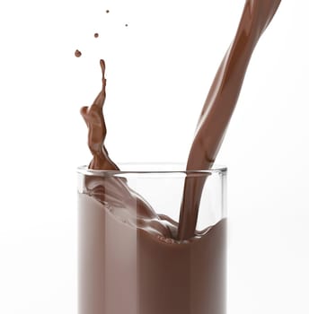 Pouring liquid chocolate in a glass with splash. Close up side view. On white background. Clipping path included.
