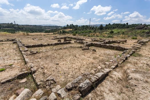 Ruins a small population cluster formed by several houses of modest construction at the Roman Archaeological Site of St Gens near Celorico da Beira, Beira Alta, Portugal