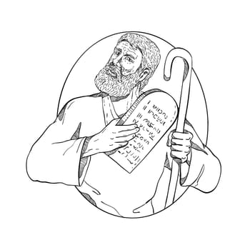 Drawing sketch style illustration of Moses, a prophet in the Abrahamic religions holding the Ten Commandments tablet and his staff set inside oval on isolated white background done in black and white.