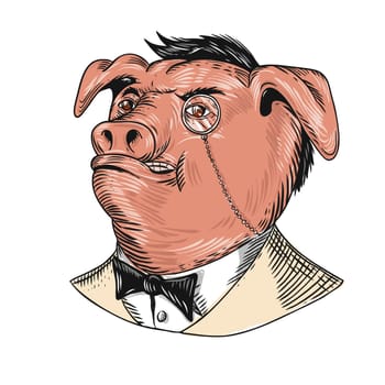Drawing sketch style illustration of a noble aristocrat pig wearing a monocle and business suit with tie or tuxedo looking up on isolated white background.