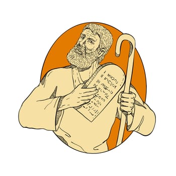 Drawing sketch style illustration of Moses, a prophet in the Abrahamic religions. leader of Israelites and lawgiver, with Ten Commandments set inside oval on isolated white background in color.