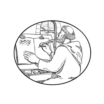 Drawing sketch style illustration of a monastic medieval monk writing illuminated manuscript inside European monastery or scriptorium set inside oval on isolated white background in black and white.