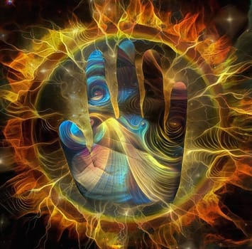 Hand of God. Lightning radiates from hand. Ring of fire on the background
