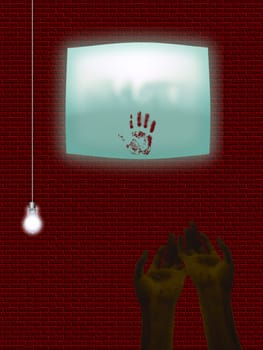 Hands in blood. Bloody handprint on screen
