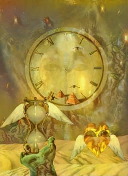 Symbolic composition. Winged hourglass and heart. Clock face and egyptian pyramids. Sands of time